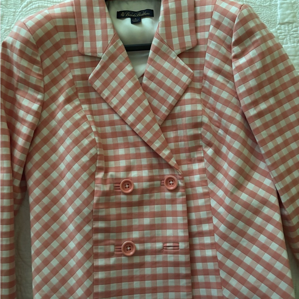 Brooks Brothers peach and cream Gingham Double-Breasted Blazer and skirt